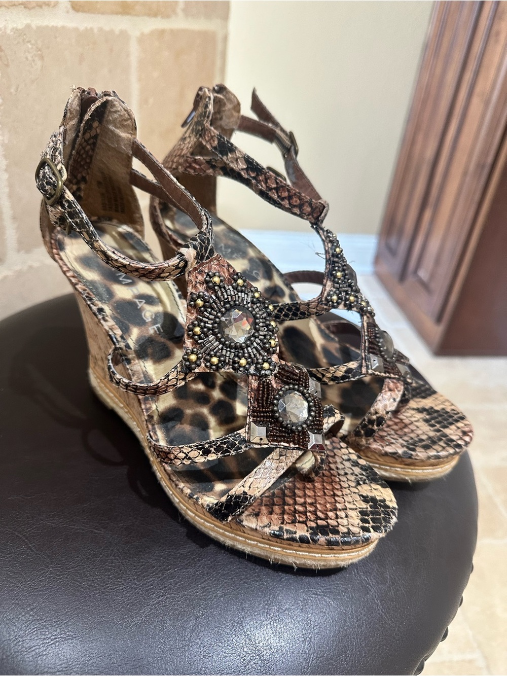 Embellished Snakeskin-Print Wedge Sandals - Brown